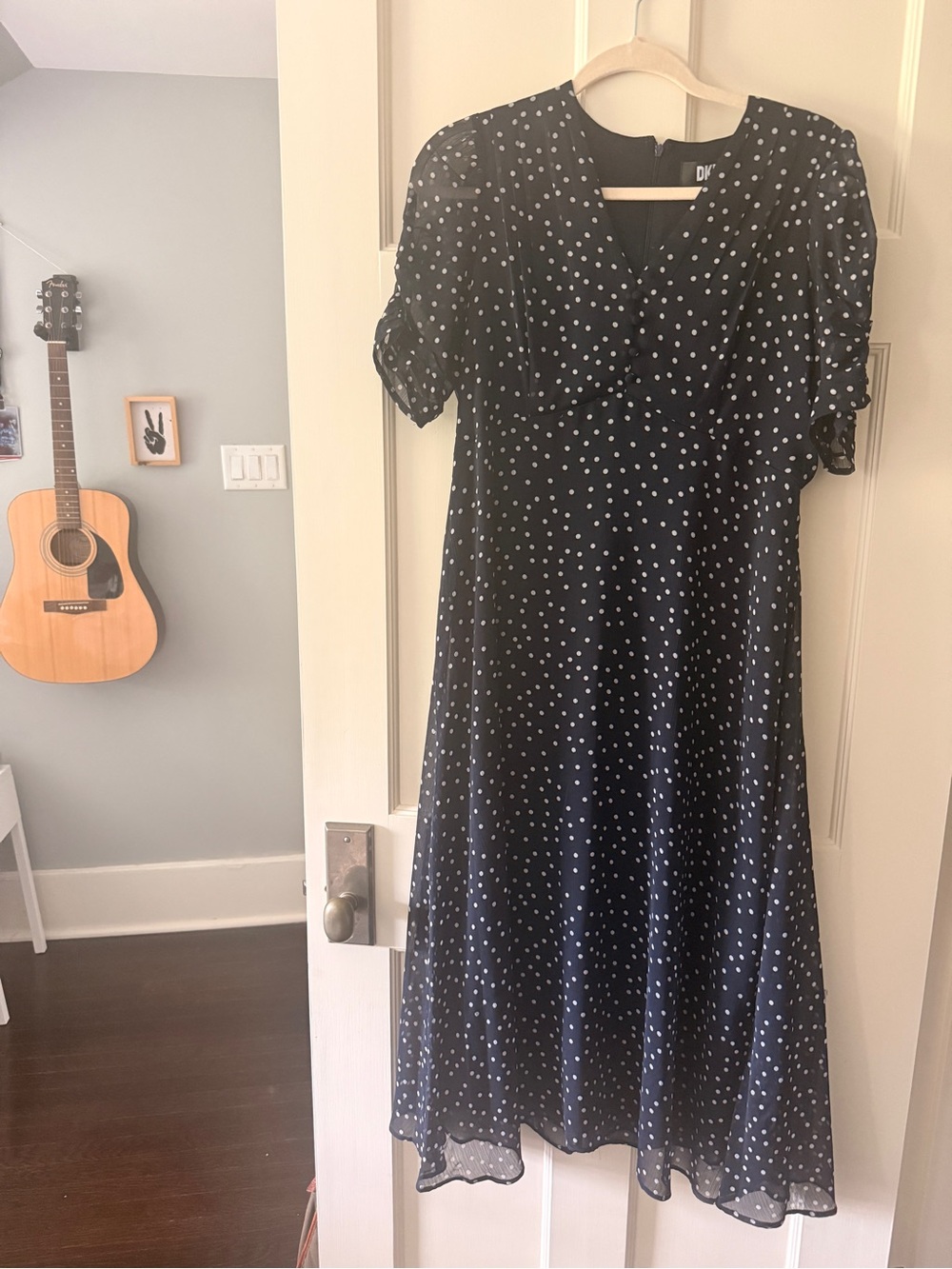 DKNY Navy Midi Dress with White Polka Dots